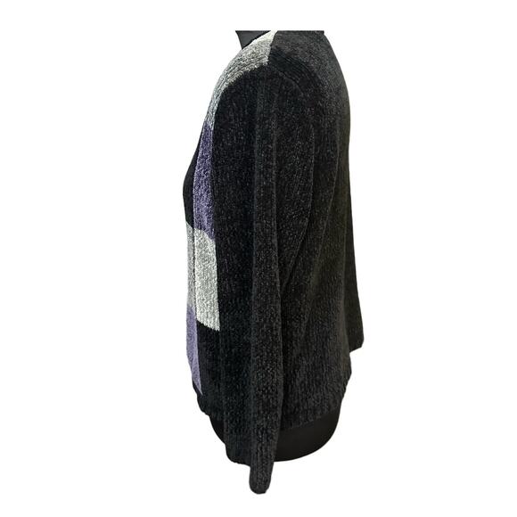 Croft & Barrow Black and Purple Chenille Button Front Patchwork Cardigan Size L - Picture 2 of 7